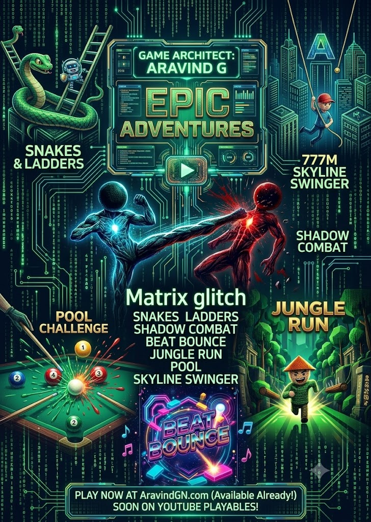Aravind G — Epic Adventures: Snakes & Ladders, Skyline Swinger, Shadow Combat, Pool Challenge, Jungle Run, Beat Bounce